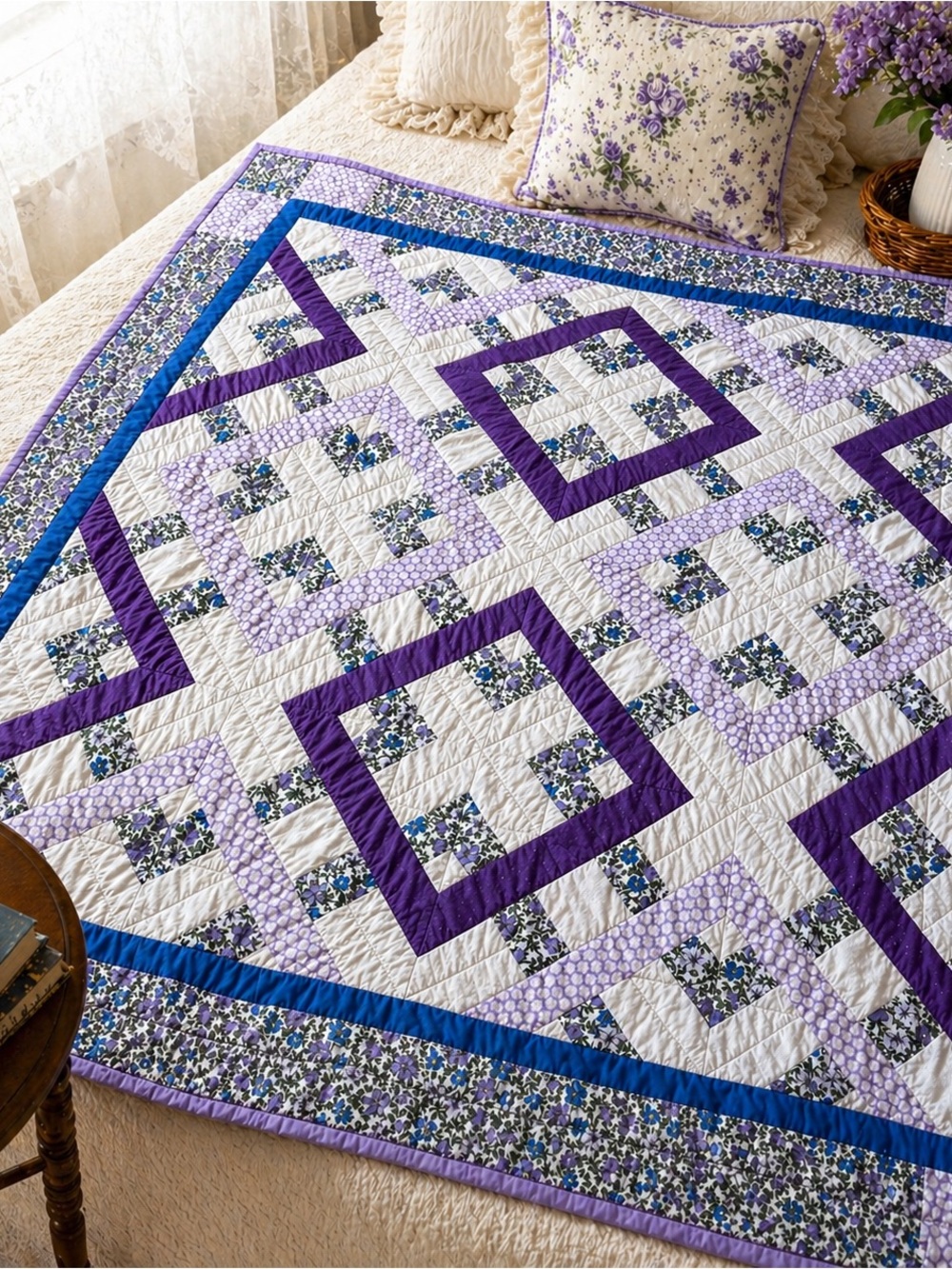 Vintage Handmade Garden Maze Quilt 52”x52” Purple Floral Cottagecore